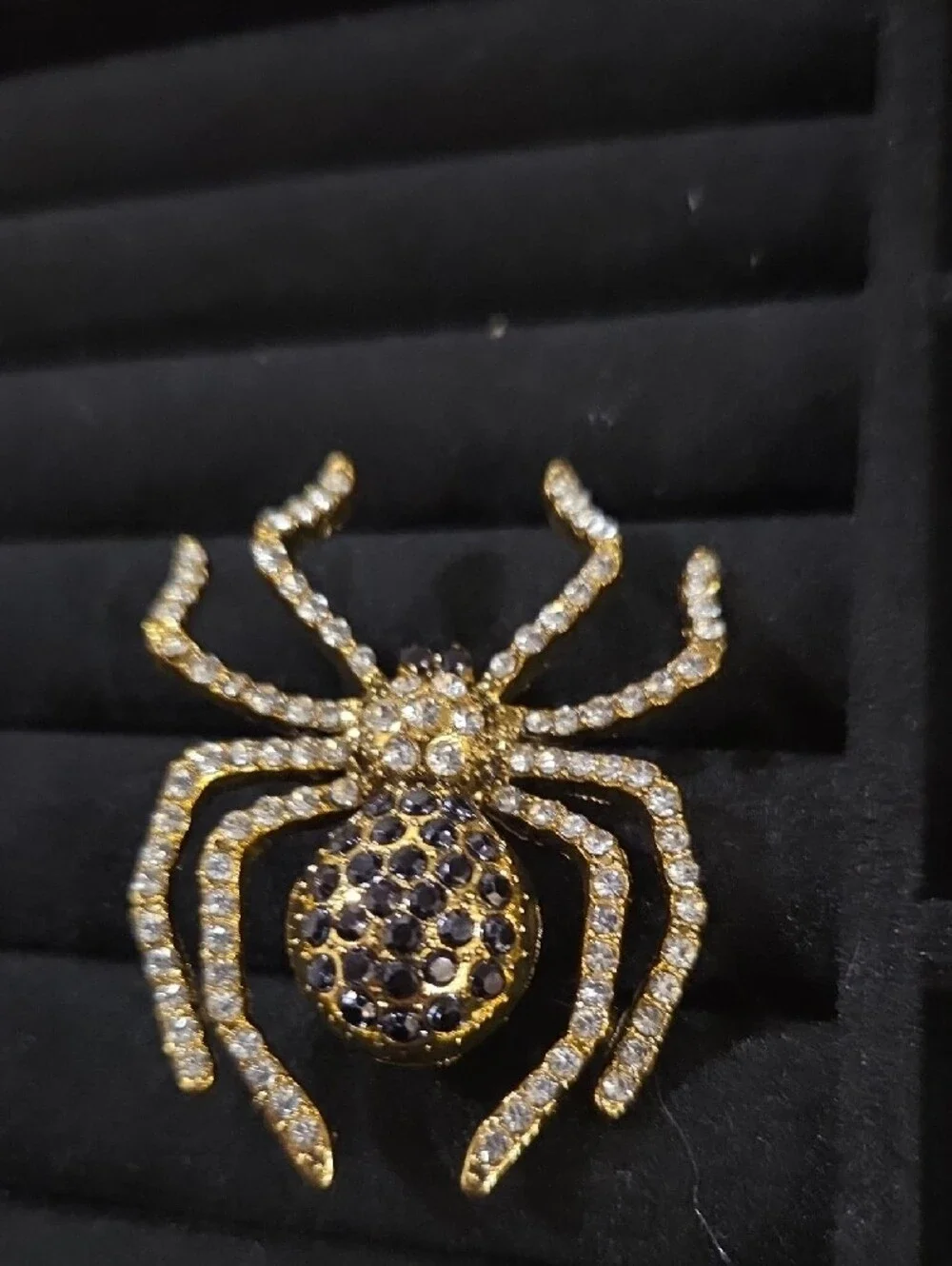 Gold and Black Rhinestone Spider Brooch - Women's Fashion Jewelry